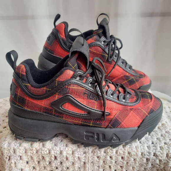 FILA Disruptor II Red & Black Plaid Sneakers - Picture 1 of 8